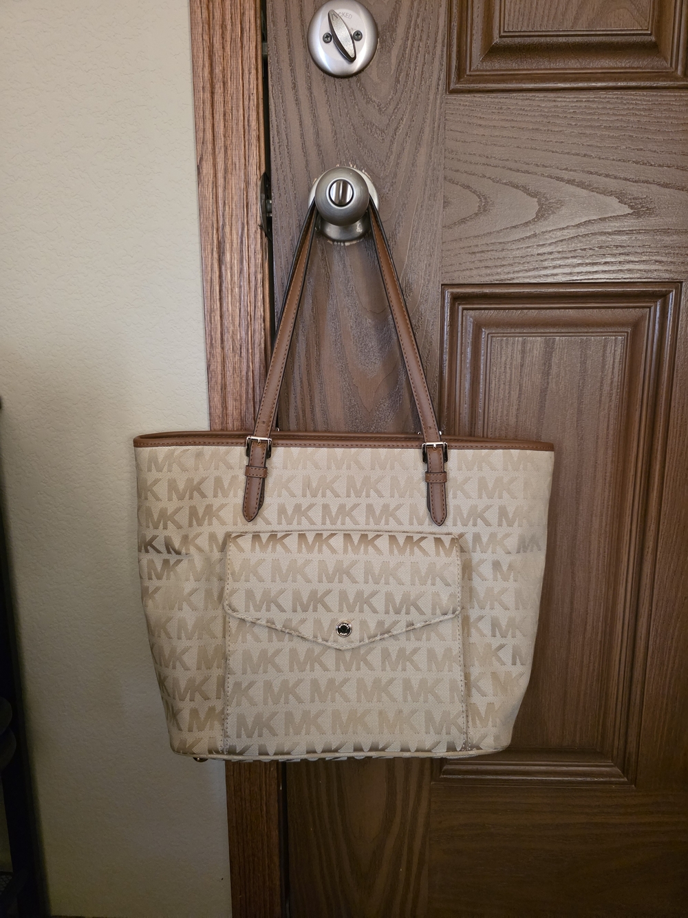 Michael Kors Beige Logo Tote Bag with Brown Trim